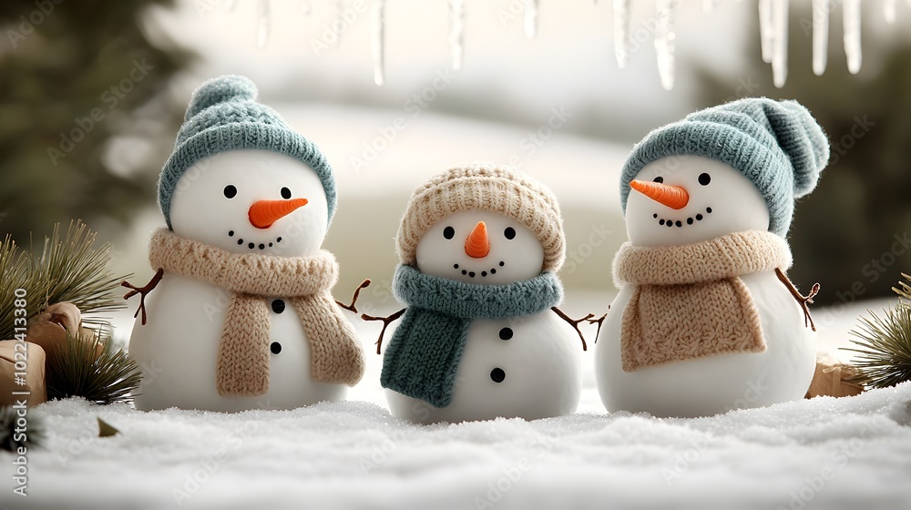 Adorable snowman family built in a snowy front yard with charming scarves cozy knitted hats and carrot noses surrounded by sparkling icicles hanging from pine trees Adorable snowman family built in a snowy front yard with charming scarves cozy knitted hats and carrot noses surrounded by sparkling icicles hanging from pine trees