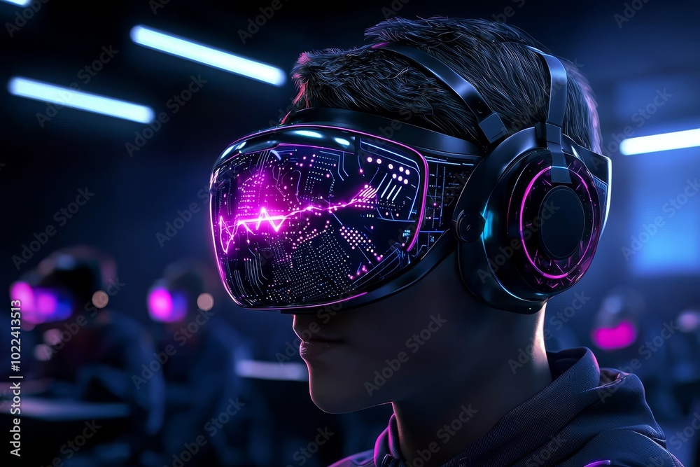 AI-Driven Learning: A classroom scene where students wear AI-enhanced headsets, receiving real-time knowledge upgrades and augmented learning experiences tailored to their individual needs. AI-Driven Learning: A classroom scene where students wear AI-enhanced headsets, receiving real-time knowledge upgrades and augmented learning experiences tailored to their individual needs.