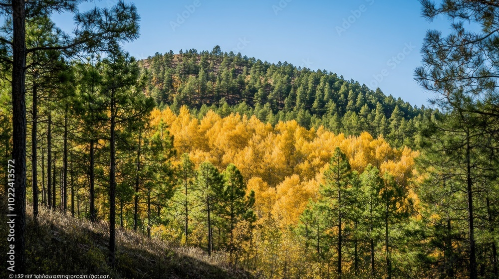 Fototapeta premium A hillside covered with trees, some of which have yellow leaves, while others are still green.