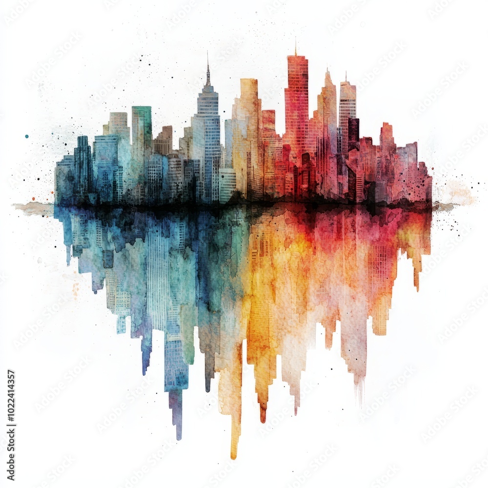 Obraz premium Watercolor painting of a cityscape with buildings that look like they are bending, on isolated white background