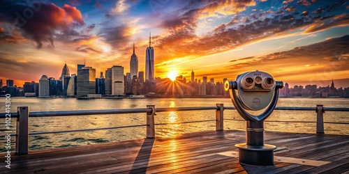 Fashion Photography of Binoculars on Pier with Manhattan Skyline Viewpoint in Long Island, New York