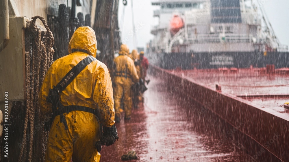 Workers in Yellow Rain Gear on Ship Deck in Heavy Rain Workers in Yellow Rain Gear on Ship Deck in Heavy Rain