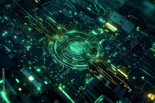 Abstract Futuristic Circuit Board with Glowing Green Lines