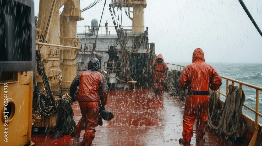 Three Fishermen Standing on the Deck of a Ship in Heavy Rain