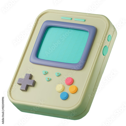 A retro handheld gaming console with colorful buttons, 3D illustration
