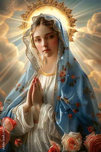 The Holy Mary in Blue and White Robe Surrounded by Roses, Golden Halo, Rays from Heart, Holding Sun Light, Hyper Realistic Art