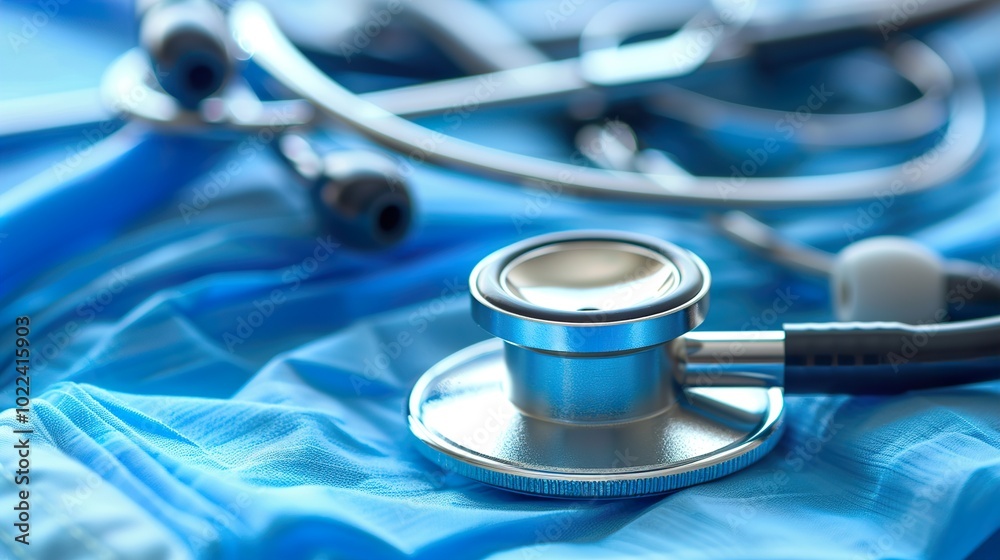 Close-up of a Stethoscope on a Blue Medical Fabric Close-up of a Stethoscope on a Blue Medical Fabric