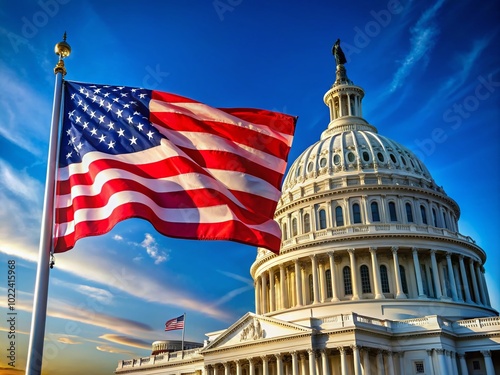 Flag Waving Proudly by the Capitol Building - Symbol of Democracy and Freedom