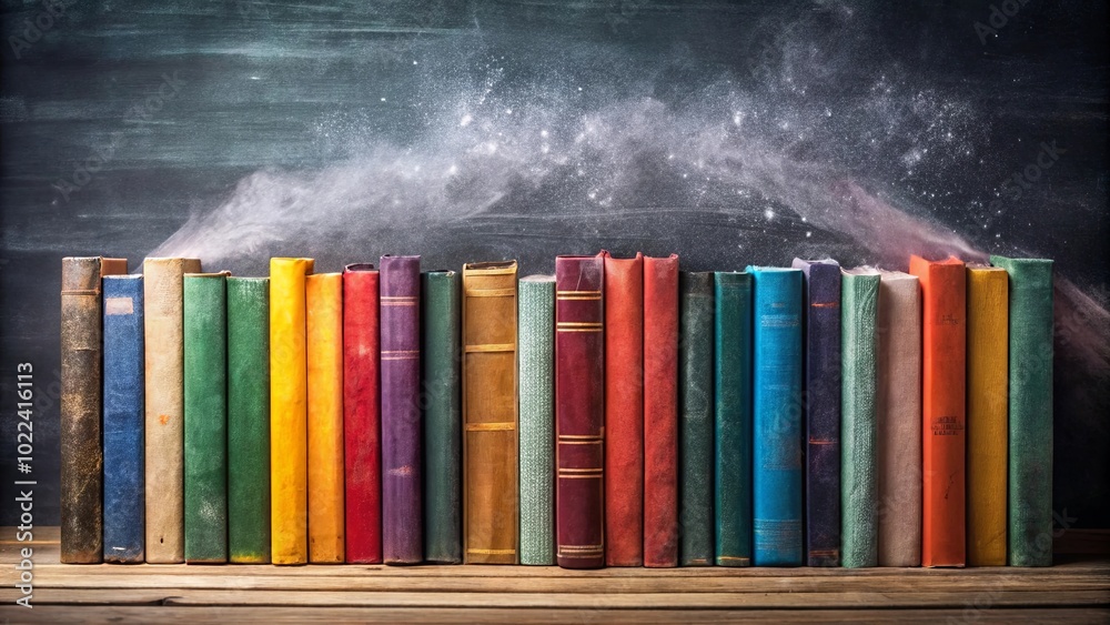 Naklejka premium A row of well-worn books on a wooden surface with a dusting of particles against a dark background, representing the passage of time and the enduring nature of knowledge