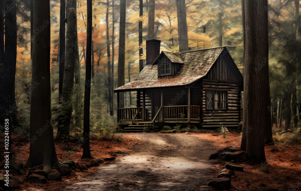 A picturesque old house nestled in the woods, surrounded by autumn foliage and tall trees, capturing the essence of rural architecture in a serene countryside landscape A picturesque old house nestled in the woods, surrounded by autumn foliage and tall trees, capturing the essence of rural architecture in a serene countryside landscape