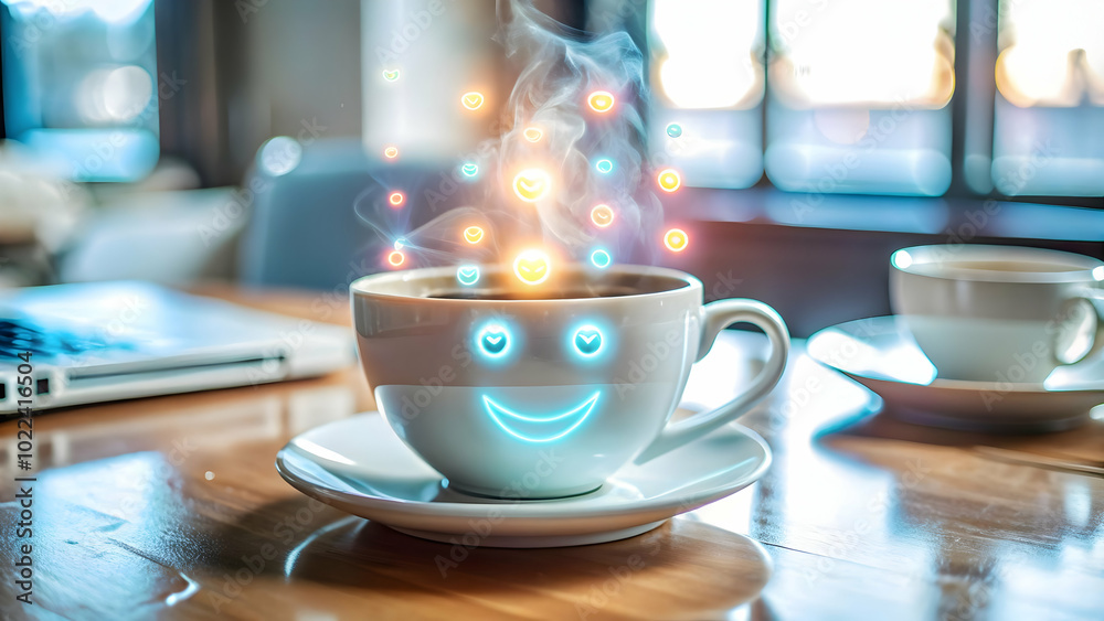 Close Up of Coffee Cup with Holographic Steam Creating Happy Emoticons - Macro Shot Blending Comfort and Futuristic Technology for Home Office Happiness