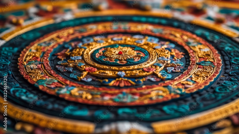 A close-up of a Tibetan Buddhist mandala, intricately designed with symbolic patterns and vibrant colors