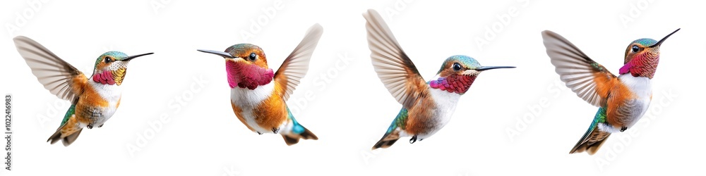 Fototapeta premium tiny hummingbird hovering with wings blurred, isolated on white background