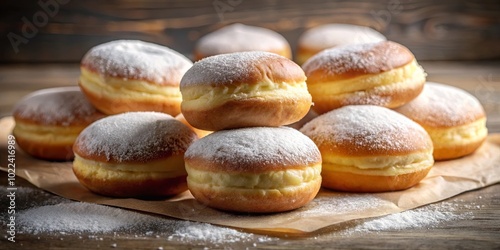 A stack of sweet pastries dusted with powdered sugar, a delightful treat on a rustic surface