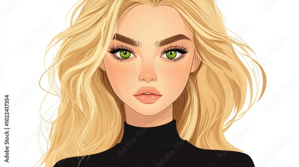 A vibrant D cartoon of a blonde girl with striking green eyes, set against a clean white backdrop. A vibrant D cartoon of a blonde girl with striking green eyes, set against a clean white backdrop.