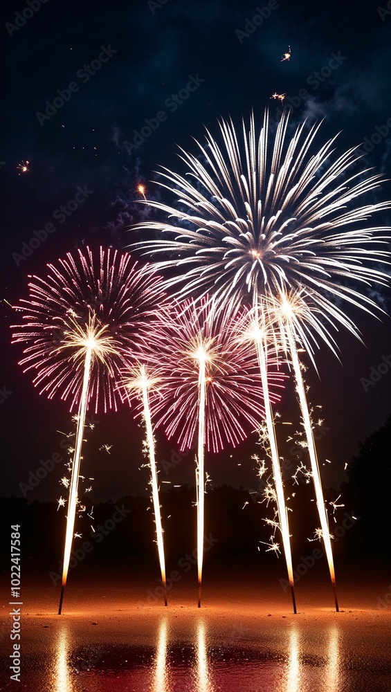 Glowing sparklers and firework bursts in the night background for invitation or card screensaver Glowing sparklers and firework bursts in the night background for invitation or card screensaver