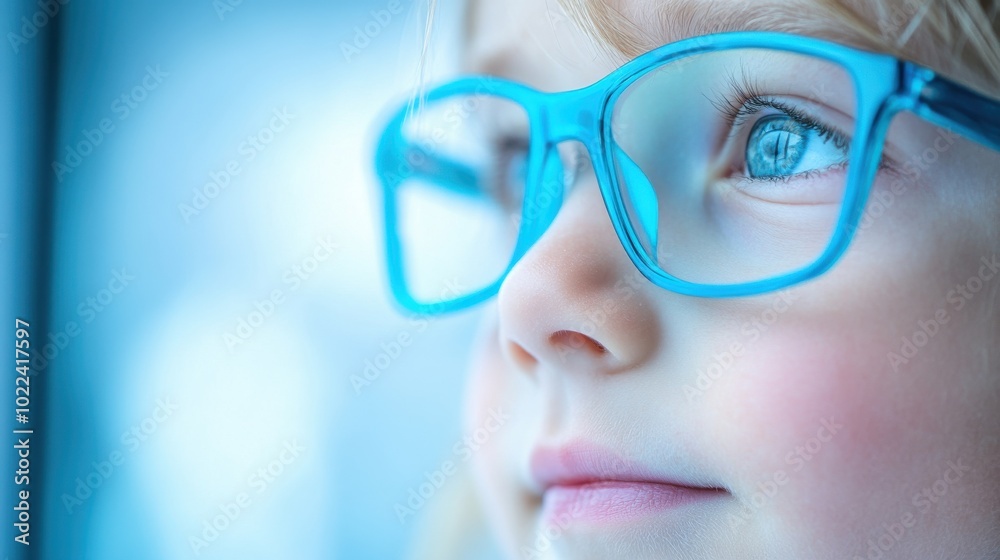 Young child wearing blue glasses focusing on distant tree outside window, symbolizing myopia prevention and importance of outdoor activities. Young child wearing blue glasses focusing on distant tree outside window, symbolizing myopia prevention and importance of outdoor activities.