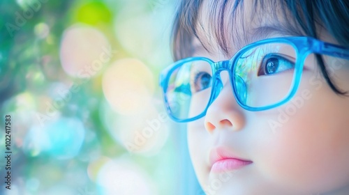 Young child wearing blue glasses focusing on distant tree outside window, symbolizing myopia prevention and importance of outdoor activities.