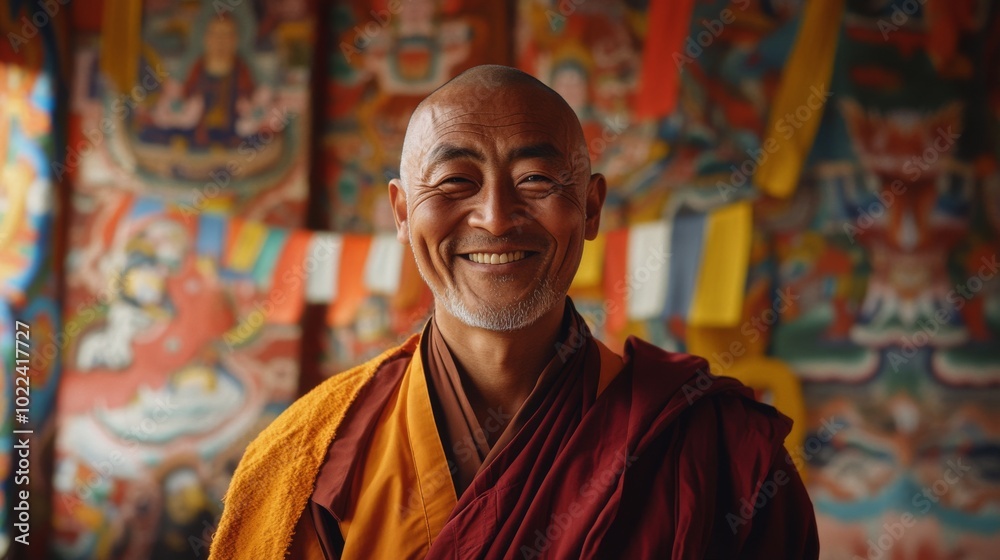 Fototapeta premium A portrait of a Tibetan monk smiling softly, surrounded by the vibrant colors of a monastery's murals and prayer flags, his peaceful aura radiating outward