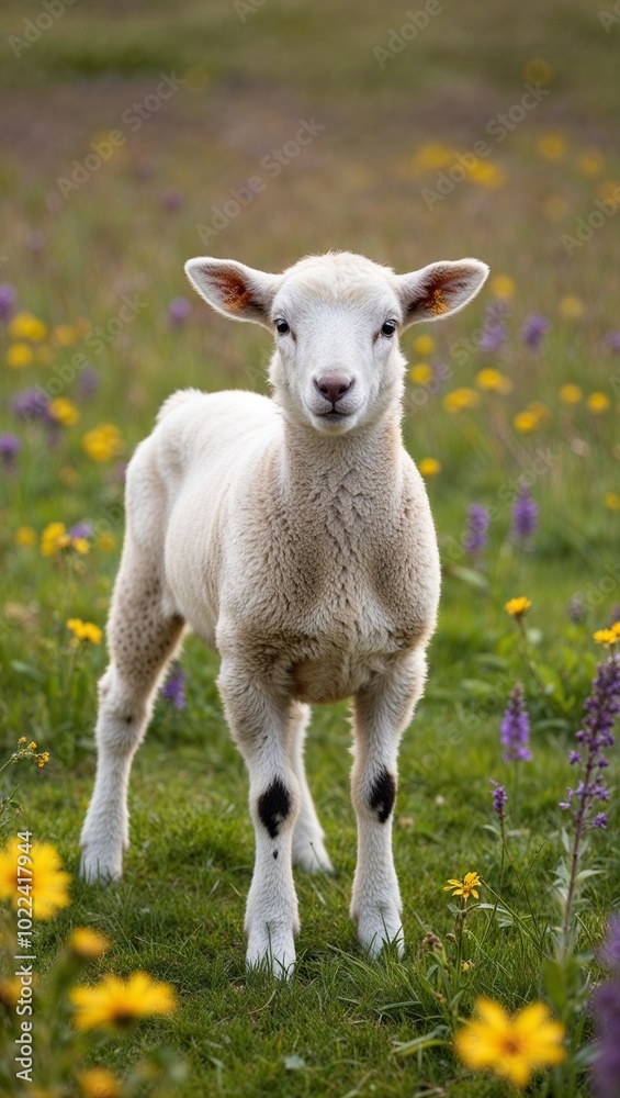 Lamb standing in a meadow of wildflowers background for invitation or card screensaver Lamb standing in a meadow of wildflowers background for invitation or card screensaver