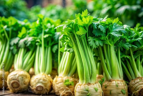 Fresh Green Celery and Celery Root with Leaves in Tilt-Shift Style for Organic Food Photography