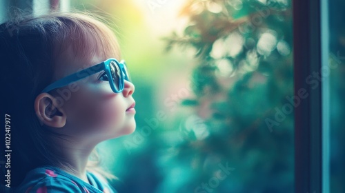 Young child wearing blue glasses focusing on distant tree outside window, symbolizing myopia prevention and importance of outdoor activities.