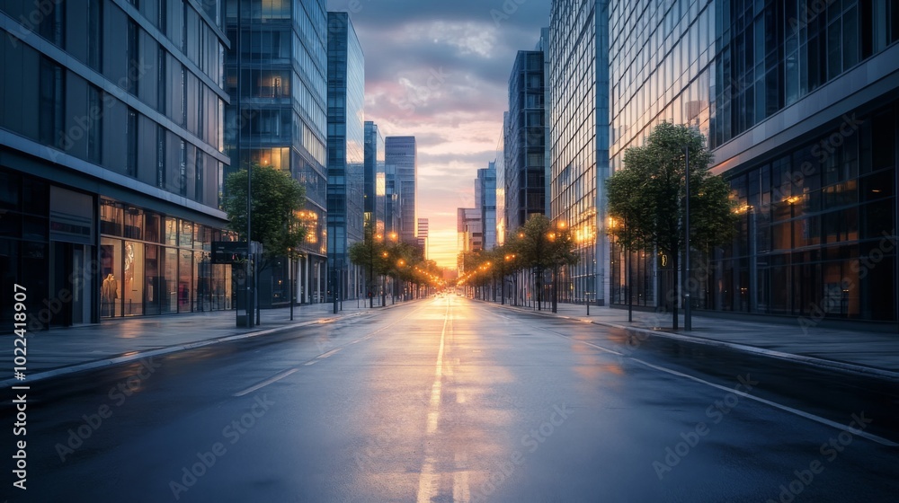 Empty Street Lined with Modern Glass Buildings at Dawn Empty Street Lined with Modern Glass Buildings at Dawn
