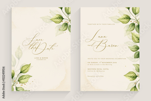 Aesthetic Wedding Invitation with Watercolor Green Leaves Arrangement