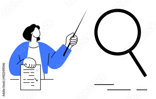 Woman holding a pointer and a document, directing attention to a large magnifying glass symbol. Ideal for presentations research education business analysis. Modern simple minimalist style