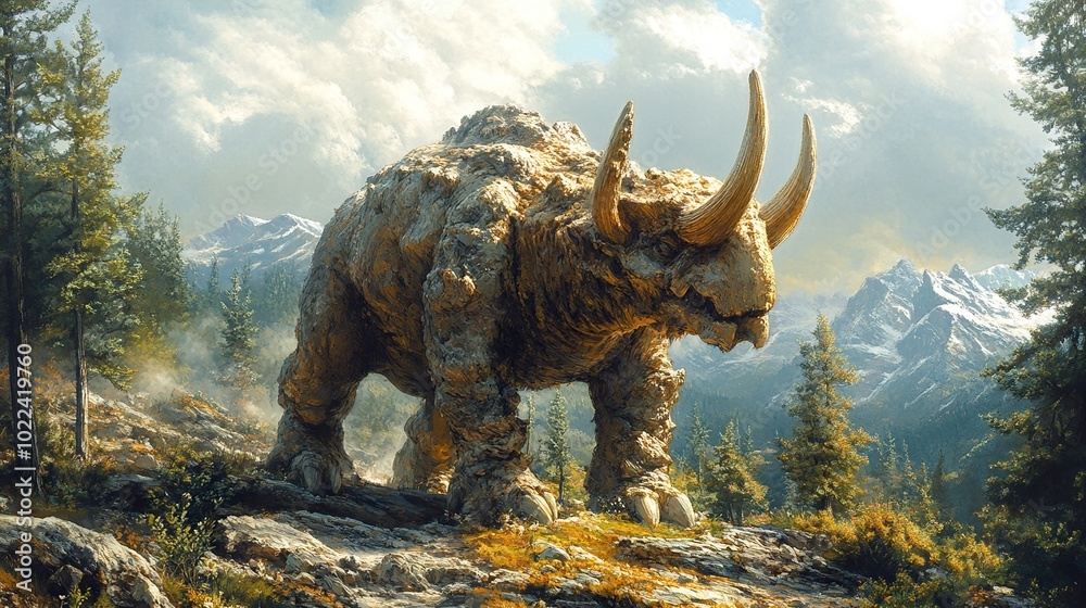 Fototapeta premium Stone Rhino Fantasy Creature: Majestic Beast in a Mountainous Landscape