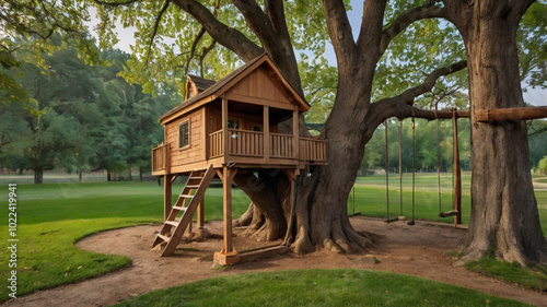 A charming wooden treehouse nestled in a large tree with a swing attached. Surrounded by lush green grass, it evokes a peaceful, playful atmosphere in a natural outdoor setting...