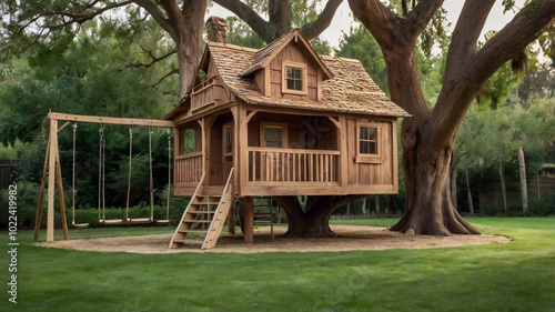 A charming wooden treehouse nestled in a large tree with a swing attached. Surrounded by lush green grass, it evokes a peaceful, playful atmosphere in a natural outdoor setting...