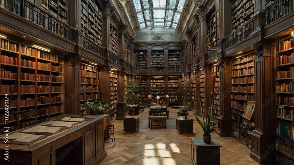 A grand library filled with wooden shelves and hundreds of books under a high, ornate ceiling. Warm lighting creates a cozy and scholarly atmosphere perfect for study or research... A grand library filled with wooden shelves and hundreds of books under a high, ornate ceiling. Warm lighting creates a cozy and scholarly atmosphere perfect for study or research...