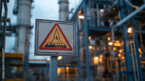 A detailed view of an electrical safety sign posted near a high-voltage area in an industrial plant, warning workers of potential hazards,