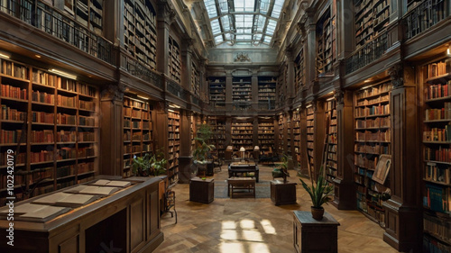 A grand library filled with wooden shelves and hundreds of books under a high, ornate ceiling. Warm lighting creates a cozy and scholarly atmosphere perfect for study or research...