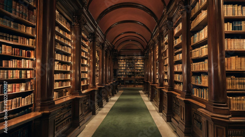 A grand library filled with wooden shelves and hundreds of books under a high, ornate ceiling. Warm lighting creates a cozy and scholarly atmosphere perfect for study or research...