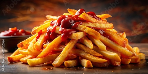 Golden-brown, crispy french fries piled high with a generous layer of rich tomato sauce, a classic combination that satisfies the cravings. photo