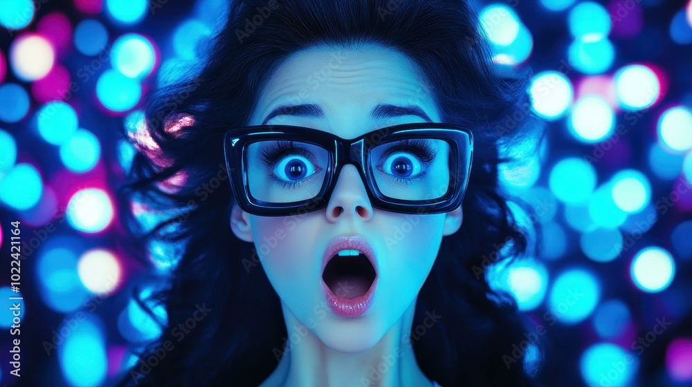A striking woman with shocked glasses stands out against a blurred backdrop, capturing a moment of surprise and intrigue. A striking woman with shocked glasses stands out against a blurred backdrop, capturing a moment of surprise and intrigue.