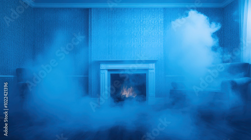 Mysterious blue room with smoke and fireplace creating an eerie atmosphere