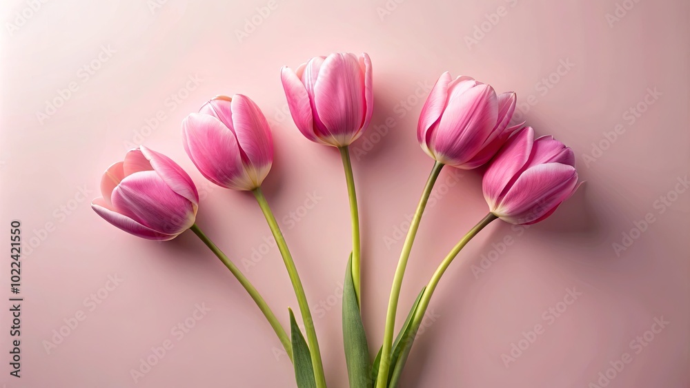 A cluster of four delicate pink tulips on a soft blush background, their petals unfurling like whispered secrets. A cluster of four delicate pink tulips on a soft blush background, their petals unfurling like whispered secrets.