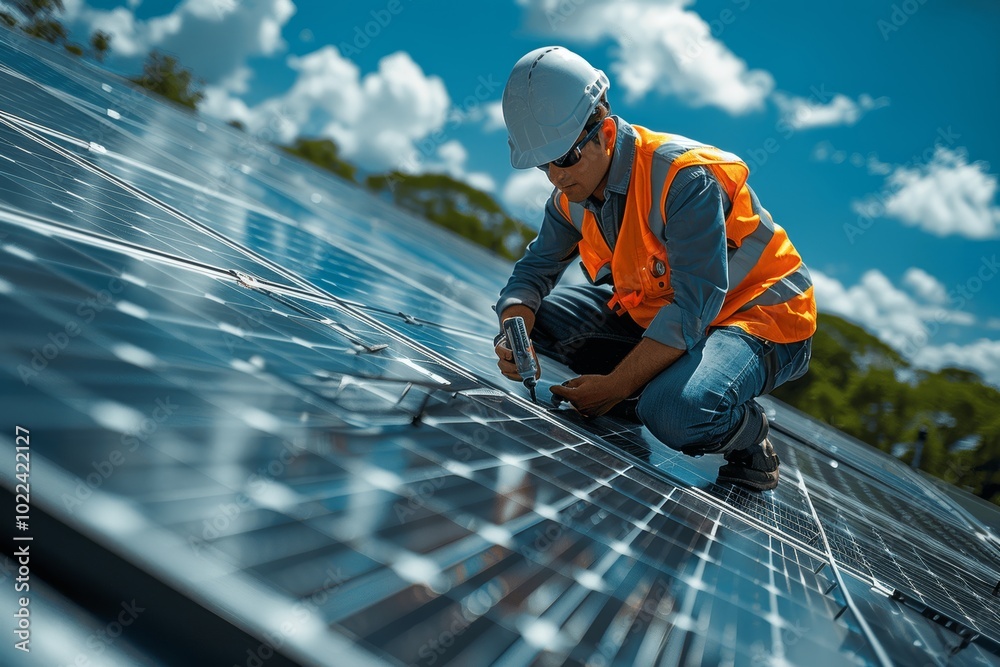 Man in Orange Vest and White Helmet Checking Solar Panel Performance on Rooftop with Tools Under Clear Blue Sky Man in Orange Vest and White Helmet Checking Solar Panel Performance on Rooftop with Tools Under Clear Blue Sky