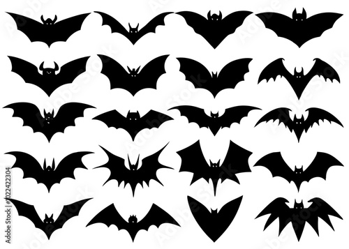 Set of halloween bat vector. bats icons collection silhouette black flying animals  