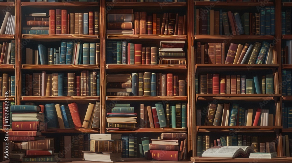 Wooden shelves showcase a wealth of textbooks and academic literature, creating an inviting study atmosphere for learning and exploration. Generative AI Wooden shelves showcase a wealth of textbooks and academic literature, creating an inviting study atmosphere for learning and exploration. Generative AI