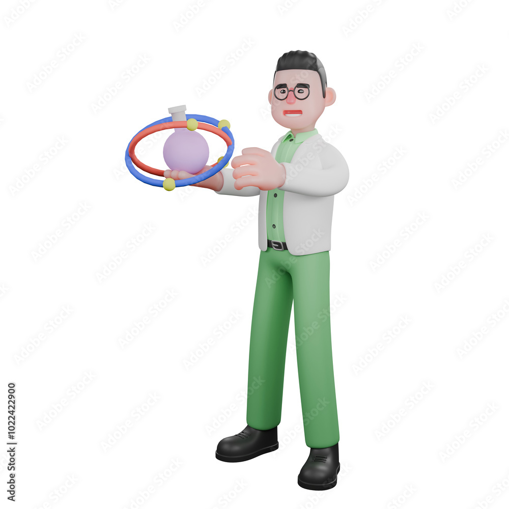 3D Model of Professional Male Biologist. A male biologist stands holding an interactive model of the structure of an atom, showing the orbits of electrons around the nucleus of an atom. Ecology Chara 3D Model of Professional Male Biologist. A male biologist stands holding an interactive model of the structure of an atom, showing the orbits of electrons around the nucleus of an atom. Ecology Chara