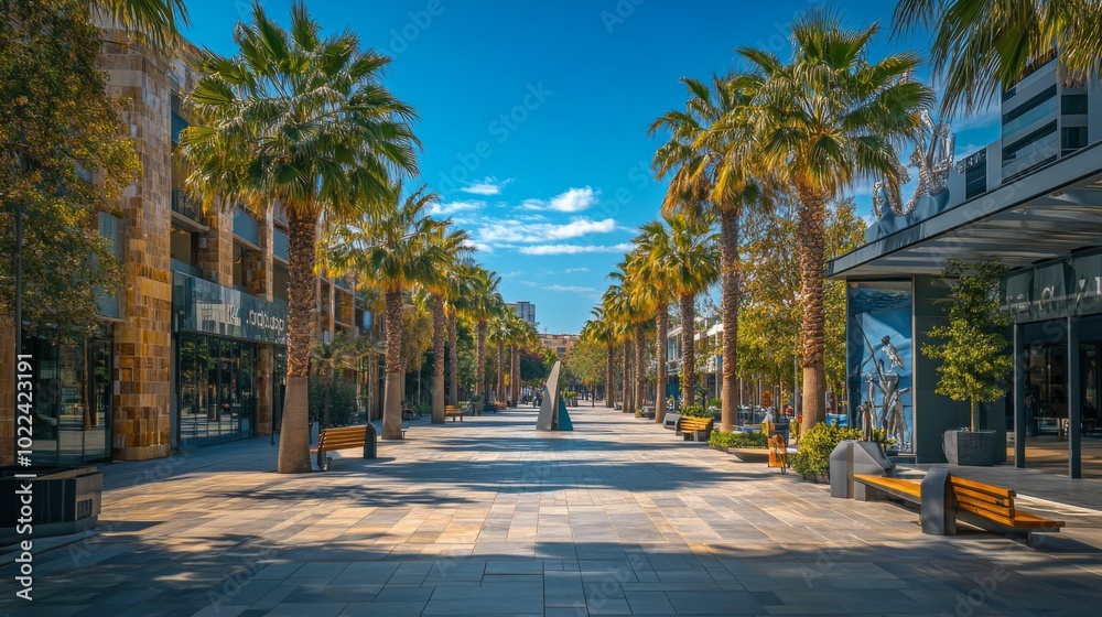 Fototapeta premium Palm Trees Lining a Stone-Paved Street in a Modern City Center