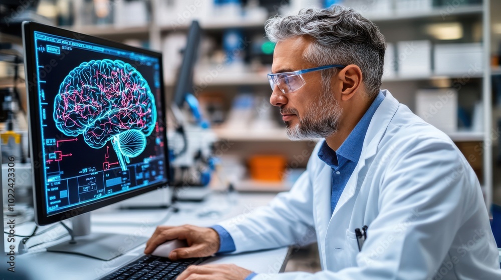Close-up of scientist analyzing brain scan images on monitor, detailed neural pathways symbolize dementia research in medical lab setting. Close-up of scientist analyzing brain scan images on monitor, detailed neural pathways symbolize dementia research in medical lab setting.