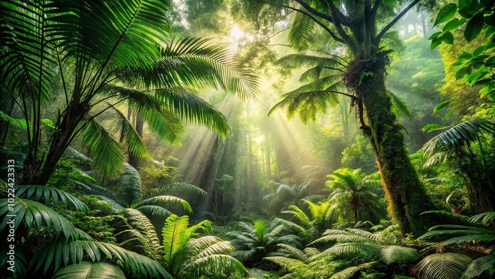 Naklejka premium Golden rays of sunlight pierce through the dense canopy of a lush, verdant jungle, illuminating the intricate network of foliage and casting long shadows on the forest floor.