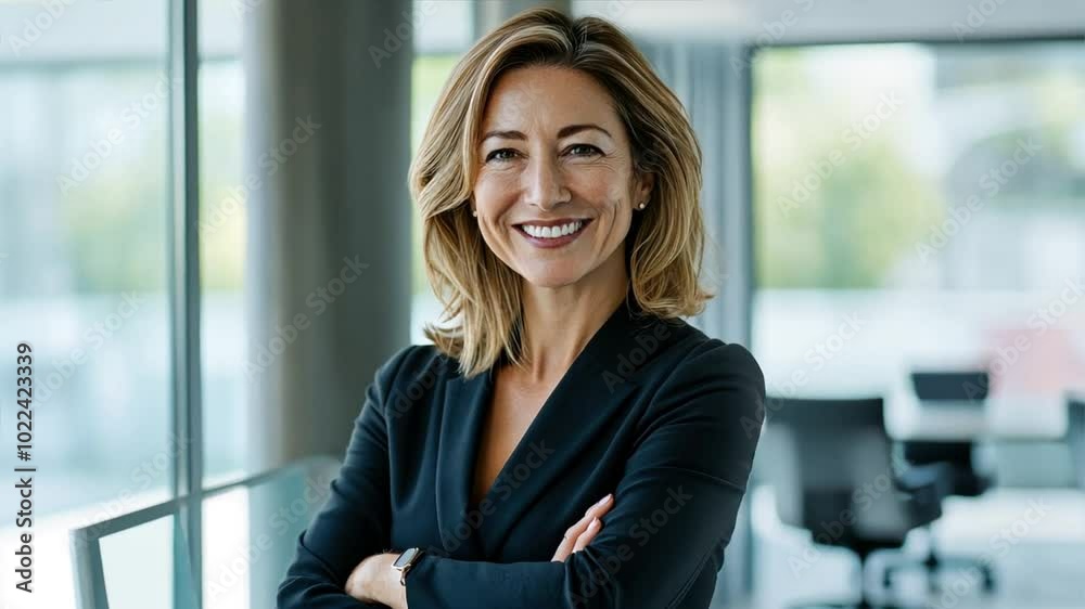 A confident businesswoman with arms crossed, smiling warmly in a well-lit office setting Close-up photo with clean background
A confident businesswoman with arms crossed, smiling warmly in a well-lit office setting Close-up photo with clean background