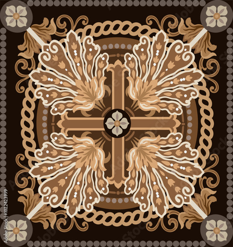 Classic ceramic tile pattern.Design with classic element on dark brown color background.Hand drawn.These design is perfect for adding pattern to home decorative tile,textile,concrete and wallpaper.