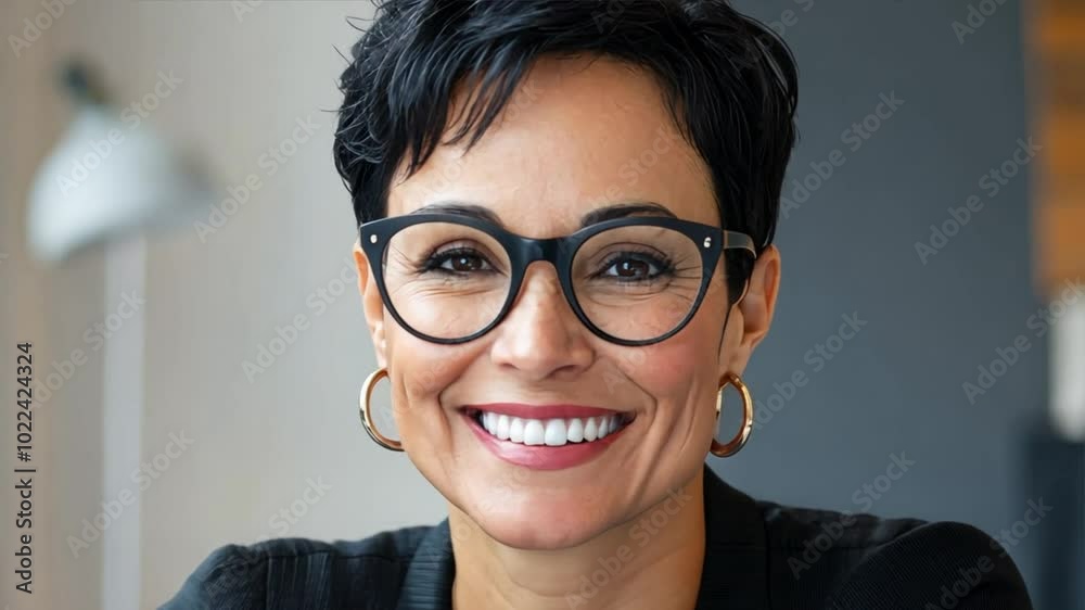 A confident businesswoman with short black hair and stylish glasses, smiling while working at her desk, surrounded by documents and a laptop in a modern office setting A confident businesswoman with short black hair and stylish glasses, smiling while working at her desk, surrounded by documents and a laptop in a modern office setting